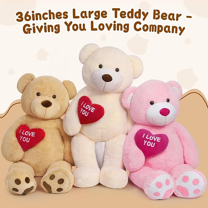 MaoGoLan Big Teddy Bear Stuffed Animal, Soft and Cuddly Giant White Teddy Bear Plush with I Love You Red Heart,Valentines Gift for Kids,Girlfriend,Boyfriend,Lover,36 inches