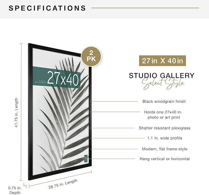 MCS Studio Gallery Movie Poster Frame 27x40 Black Woodgrain Engineered Wood, Vertical & Horizontal Wall Hanging Large Picture Frame for Photos, Artwork & Custom Posters (2-Pack)