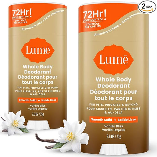 Lume Whole Body Deodorant - Smooth Solid Stick - 72 Hour Odor Control - Doctor Developed - Aluminum Free, Baking Soda Free and Skin Loving - 2.6 Ounce (Pack of 2) (Vanilla Bliss)