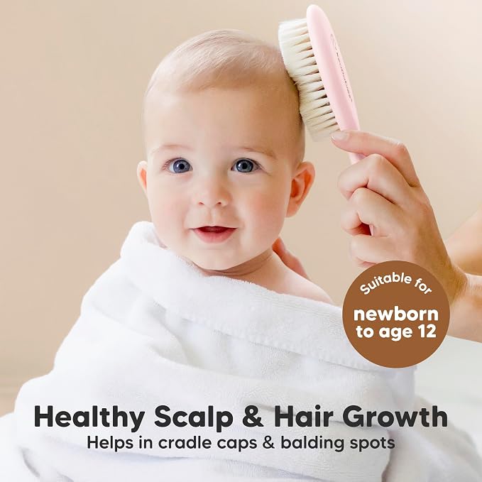 Wooden Baby Hair Brush Set for Newborns, Toddlers - Soft Goat Bristle Baby Brush and Comb Set Newborn Grooming Kit for Cradle Cap Care, Durable & Gentle, Boy, Girl Infant Essentials (Regular, Blush)