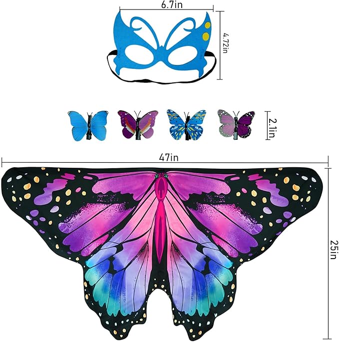Kids Butterfly Wings Costume Girls Fairy-Wings Toddler Dress Up Play Costumes Butterfly Hair Clip Mask Party Favors (Purple Green Sets)