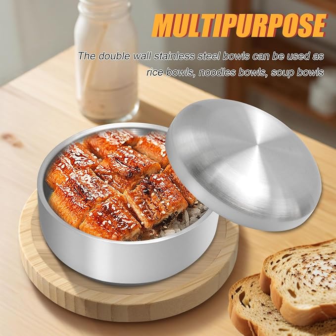Stainless Steel Rice Bowl with Lid, Set of 2, for Korean Kitchen Restaurant, Double-walled Metal Bowls, Multi-Purpose Insulated Soup Bowls Snacks Bowls (13cm Silver)