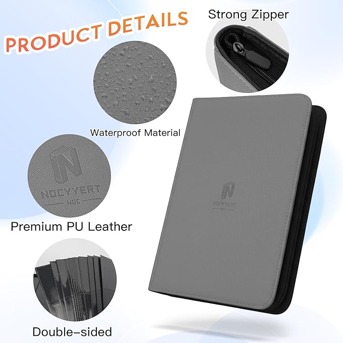 1000+ Pockets Premium Trading Card Binder, 16 Pockets Trading Card Binder Ringless Side Loading Trading,Card Holder Folders for MTG, TCG, Game Cards & Sports Cards(Grey)