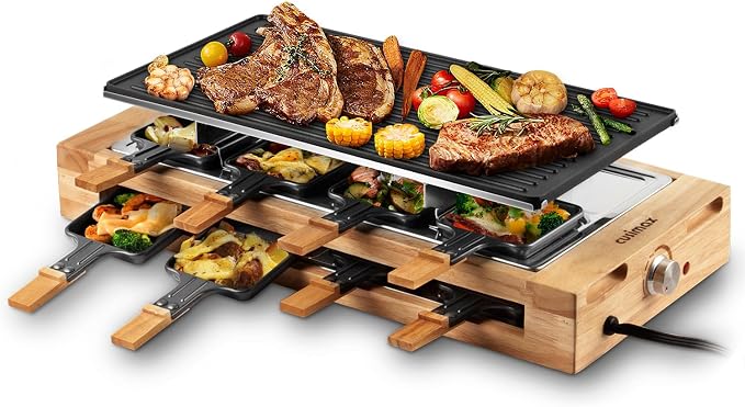 Indoor Grill, CUSIMAX Raclette Table Grill 1500W Electric Grill Korean BBQ | 2in1 Reversible Non-stick Plate/Temperature Adjustable/8 Trays & Wooden Spatulas/Double-layer Design/Sturdy Wooden Base