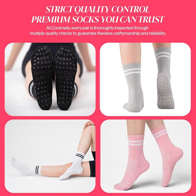 COOLMATE Pilates Socks with Grips for Women, Yoga Socks, Crew Non Slip Women for Barre, Pilates Gifts for Women