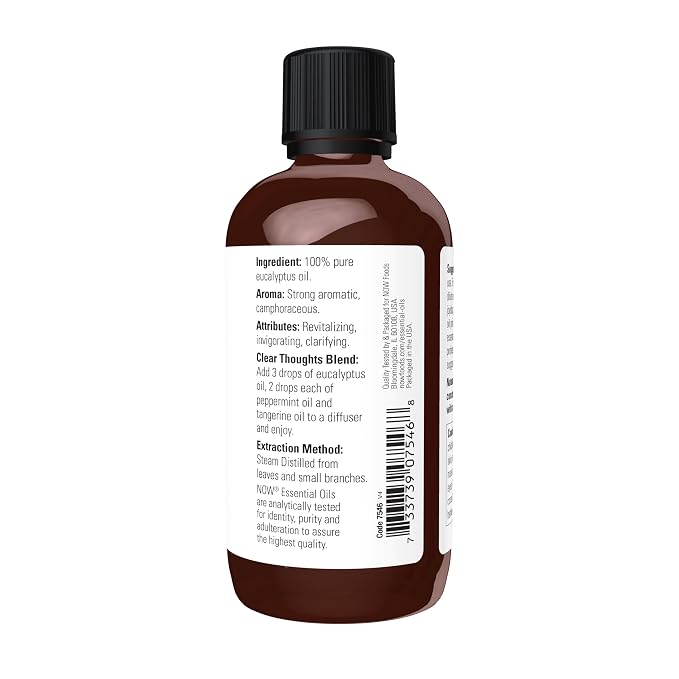 NOW Essential Oils, Eucalyptus Oil, Clarifying Aromatherapy Scent, Steam Distilled, 100% Pure, Vegan, Child Resistant Cap, 4-Ounce