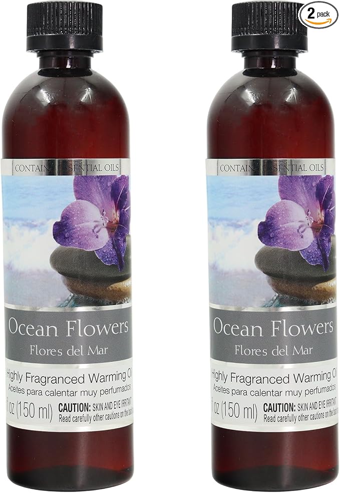 Hosley Set of 2 Ocean Flowers Fragrance Warming Oils 6 Ounce Bottles for Continuous Aromatic Bliss and Serene Coastal Ambiance Transform Your Space
