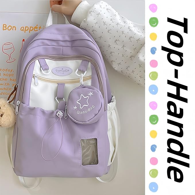 Kawaii Backpack Double Shoulder Bag with Cute Star Removable Pouch Small Clear Front Pocket Large Capacity Fits 16" Laptop Dopamine Colors Daypack (Purple)