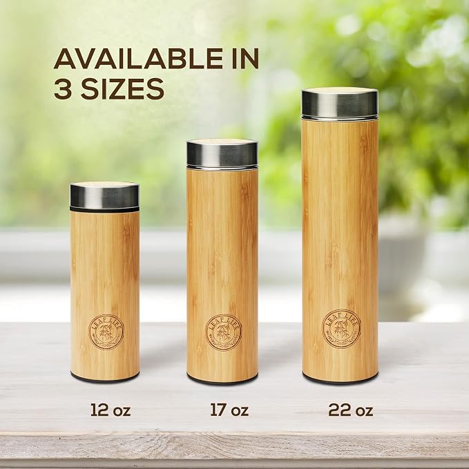 LeafLife Premium Bamboo 22oz Tea Bottle – Infuser Bottle – Insulated Coffee & Beverage Tumbler – Gift Set & Accessories