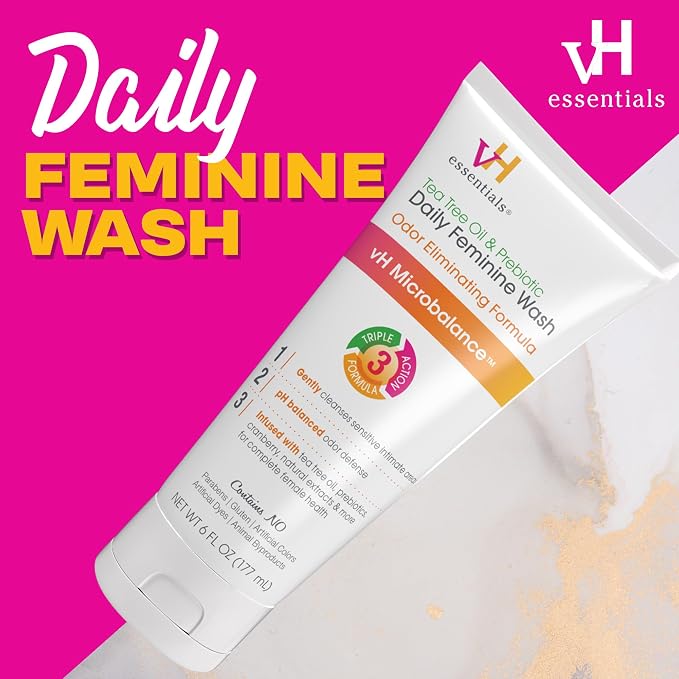 Summer's Eve Simply Sensitive Daily Gentle Feminine Wipes, Removes Odor, pH balanced, 32 count, 4 Pack & vH essentials, Ph Balanced Daily Feminine Wash, Tea Tree Oil & Prebiotic, 6, Fl Oz, (Pack Of 1)