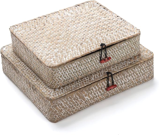 Whitewash Flat Seagrass Storage Bins with Lid, Wicker Basket for Shelf Organize, Set of 2 (Small+Large)