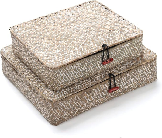 Whitewash Flat Seagrass Storage Bins with Lid, Wicker Basket for Shelf Organize, Set of 2 (Small+Large)