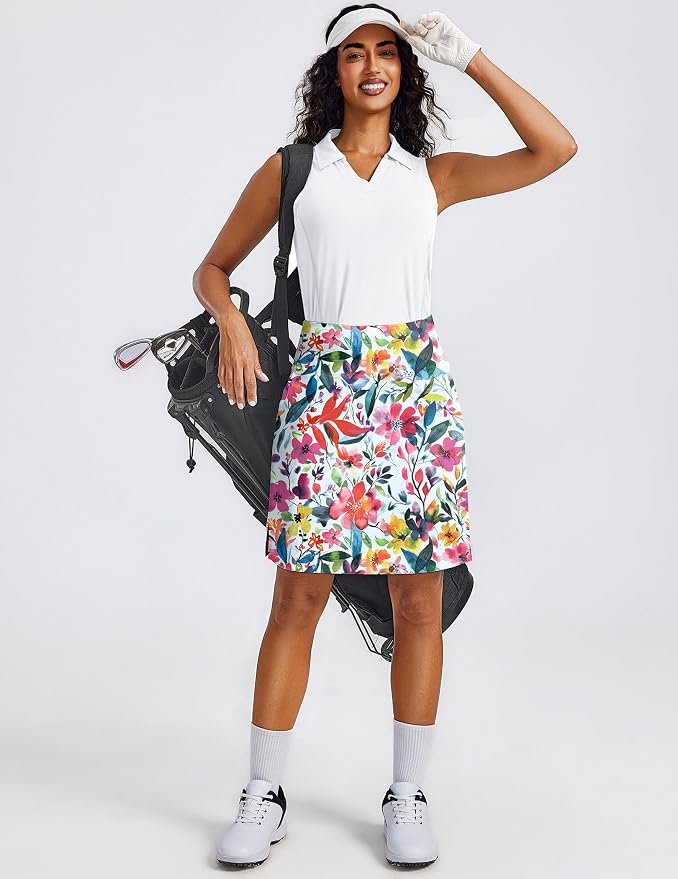 PINSPARK 20" Skorts for Woman Knee Length UPF 50+ Golf Skirts | 4 Pockets, Built-in Shorts, High Waisted, Split Hem, Silky-smooth, Moisture-wicking, for Golf Athletic Tennis Workout Casual