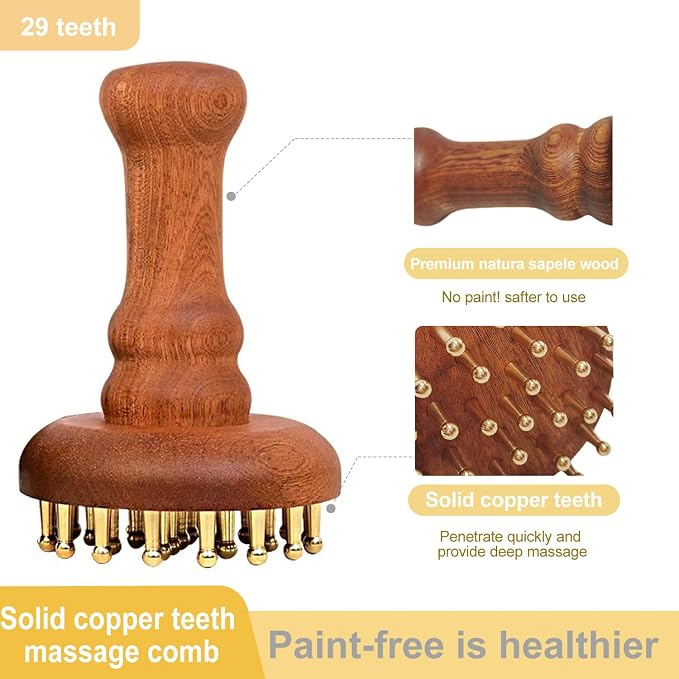 29teeth Copper Head Massage Comb for Body and Scalp Meridian Point Massager Brush for Body and Scalp Relief Body Massage Brush for Cellulite Remover Chinese SPA Gua Sha Tool Wooden Handle