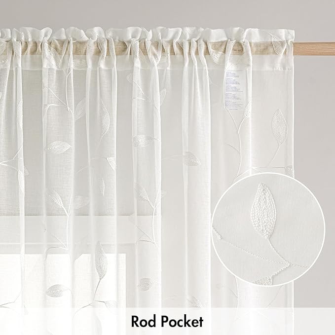 MIULEE Ivory Sheer Curtains 2 Panels Embroidered Leaf Patterned Rod Pocket Floral Semi Sheer Faux Linen Window Curtains Drapes Set for Living Room Bedroom Dining Room, 52x63 Inches Long