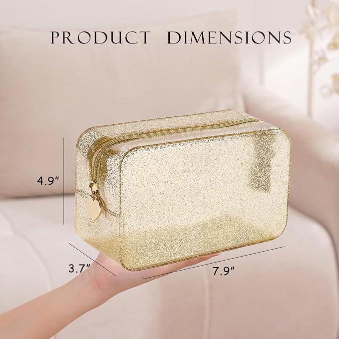 RSRSLEII Stardust Twinkle Jelly Travel Makeup & Toiletry Bag, Waterproof PVC Cosmetic Bag/Case for Women，Zipper SPF Beach Bag for Sunscreen Skincare and Daily Essentials (10Gold)