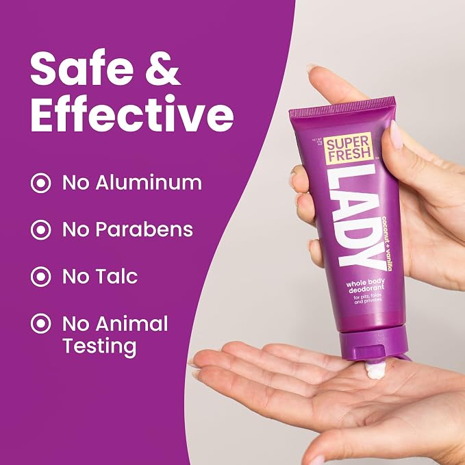 Super Fresh Lady Whole Body Deodorant for Women Twin Pack Aluminum Free Lotion for Privates Body and Skinfolds Stops Odor Coconut Vanilla Scent Feminine Hygiene Two 4 oz Tubes for Daily Use