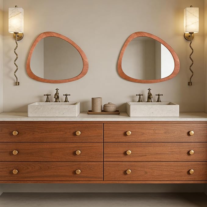 Asymmetrical Mirror, Irregular Wall Mirror for Bathroom, Bedroom, Living Room, Entryway, Hall - Walnut Wood Framed 23" H x 19" W