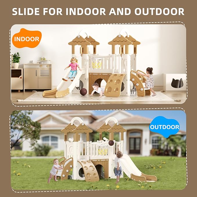 YUFU 9 in 1 Toddler Slide, Kids Slide with Double Climbers, Basketball Hoop, Tunnel and Storage Space, Indoor Outdoor Playset for Toddlers Age 1-3 (Brown)