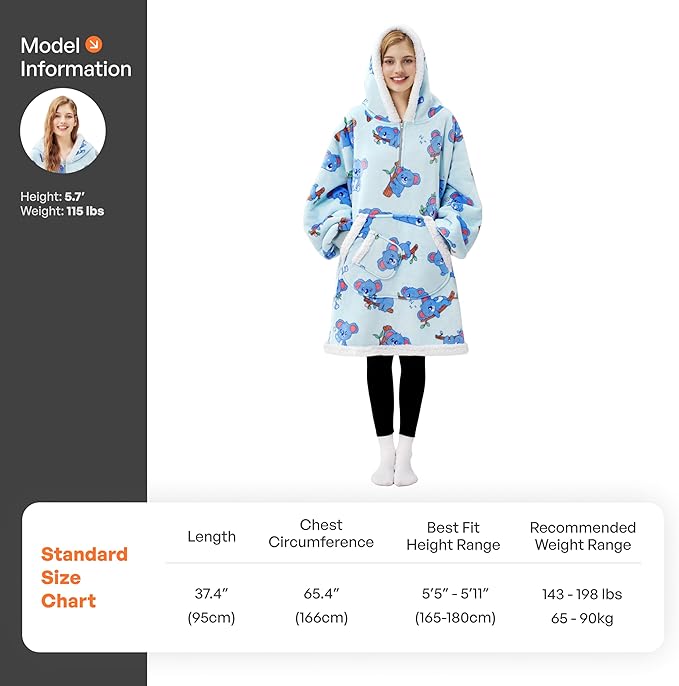 Giggling Getup Wearable Blanket Hoodie for Adults Gifts for Teen Girls Sister Women Sherpa Fleece Printed Hooded Blanket Sweatshirt Warm Cozy with Pocket & Sleeves Sky Blue Koala