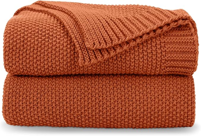 CozeCube Burnt Orange Seed Stitch Throw Blanket 50"x60", Farmhouse Decor | Blanket for Couch, Soft Cozy Cable Knit Throw for Bed Sofa Living Room, Lightweight Warm Decorative Christmas Blanket