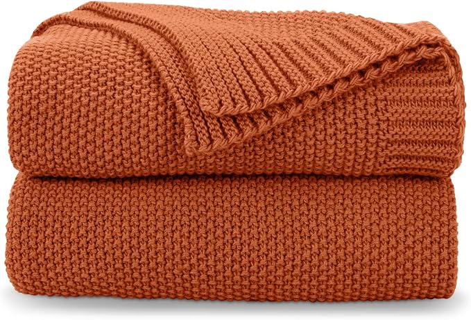 CozeCube Burnt Orange Seed Stitch Throw Blanket 60"x80", Farmhouse Decor | Blanket for Couch, Soft Cozy Cable Knit Throw for Bed Sofa Living Room, Lightweight Warm Decorative Christmas Blanket