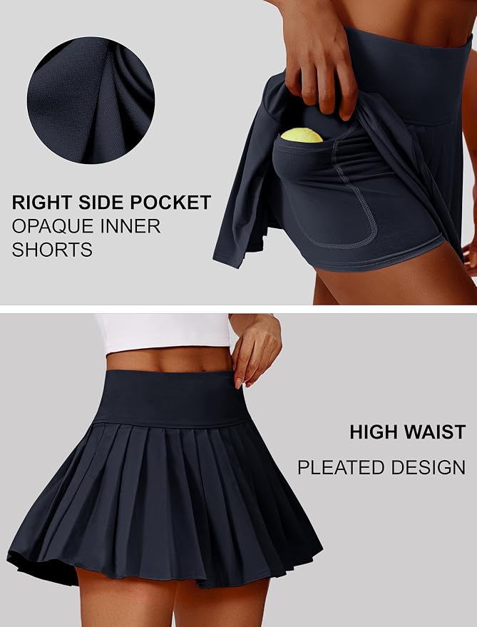 PINSPARK Pleated Tennis Skirts Mini Athletic Golf Skorts with Pocket | 14", High Waist, Lightweight, Quick Dry, Stretchy, Inner Shorts, Sun Protection, Pickleball, Casual, for Women