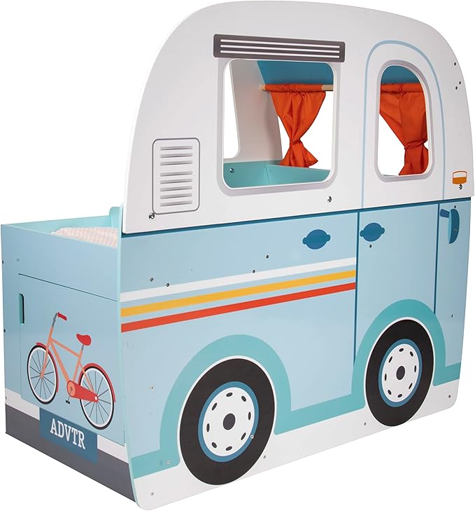 Wooden Play Camper Van Toy Playset w Steering Wheel, Kitchen, Stove, Oven, Bed, Pillow, Pretend Shower, Curtains, Personalization Stickers- Indoor Retro Car Camping, Travel RV Adventure- Ages 3+ Gift