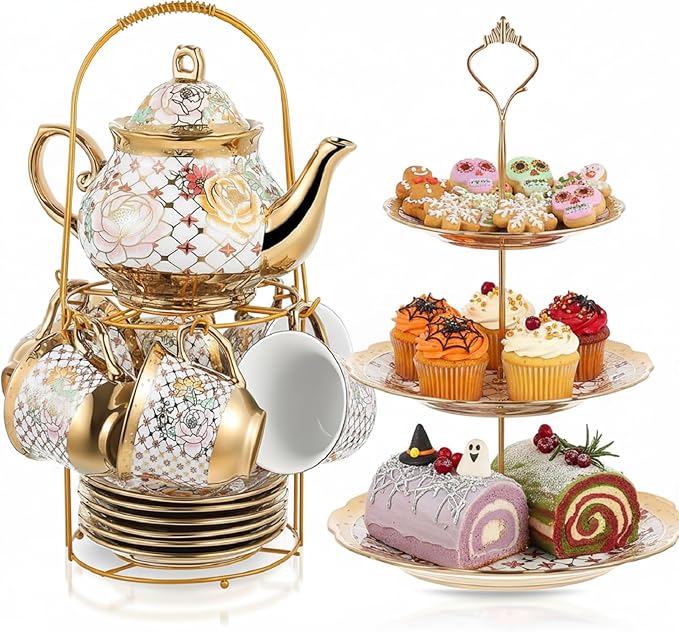 Maxcheck 21 Pcs Porcelain Tea Set for Women Tea Party with Metal Holder and 3 Tier Cake Stand Ceramic European Floral Teapot Set for Adults Mother's Day Christmas Thoughtful Gift(Stylish Style)
