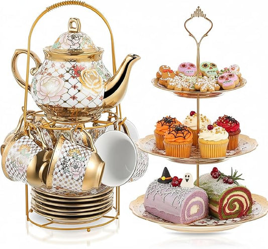 Maxcheck 21 Pcs Porcelain Tea Set for Women Tea Party with Metal Holder and 3 Tier Cake Stand Ceramic European Floral Teapot Set for Adults Mother's Day Christmas Thoughtful Gift(Stylish Style)