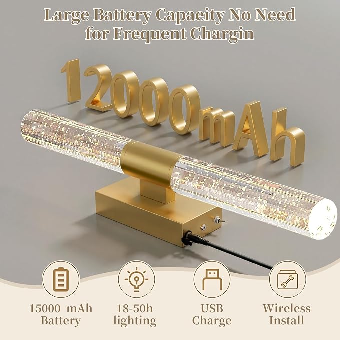 camuucci Battery Operated Wall Sconces Set of 2, Rechargeable Wall Lights | 12000mAh Long-Lasting Battery,Dimmable Cordless Sconce,,No Wiring Needed for Bedroom,Living Room,Gold 20.9-Inch