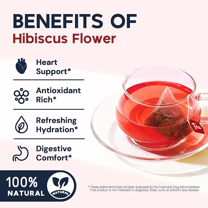 Hibiscus Tea Bags, Hibiscus Flower Herbal Tea - Caffeine & Sugar Free, 50 Teabags