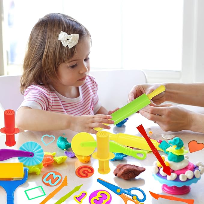 LCY WEDSHI Dough Tool Set, 62 Pcs Dough Tools Sets for Kids Ages 4-8, Dough Accessories Includes Alphabet Numbers Shapes, Cutters Roller, Rolling Pins, Safety Scissors, Plastic Knife