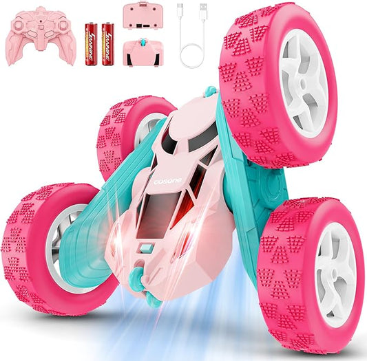 cosone RC Cars, Pink Remote Control Car for Girls, 2.4 GHZ Double Sided RC Stunt Car 360 Rotating Remote Control Cars with Headlights Toys for 6 7 8 9 10 11 12 Girls Birthday Gift