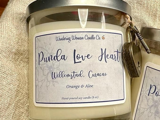 Wandering Woman Candle Company 8 oz Soy Wax Candle (Punda Love Heart, Curacao: Orange & Aloe)
