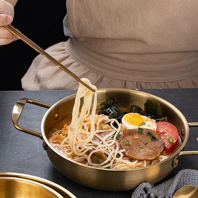 Gold Korean Ramen Pot, Stainless Steel Noodle Pot, Portable Kitchen Cooking Pot for Soup, Noodle, Pasta (Inner diameter 20cm)