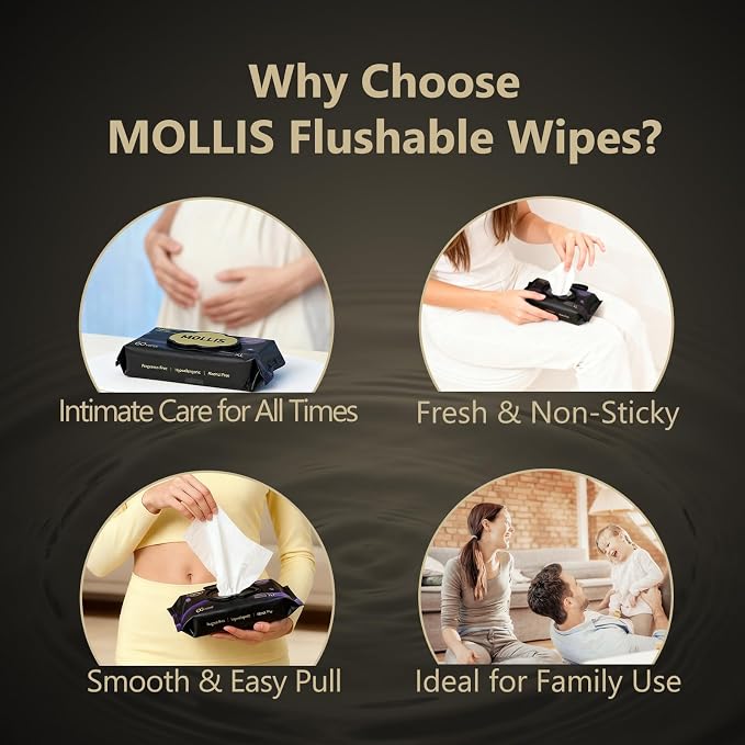 MOLLIS Witch Hazel Flushable Wipes for Adults, Extra Large Unscented Wet Wipes with Vitamin E, Gentle for Sensitive Skin, 100% Plant-Based, Sewer & Septic Safe, 60 Count