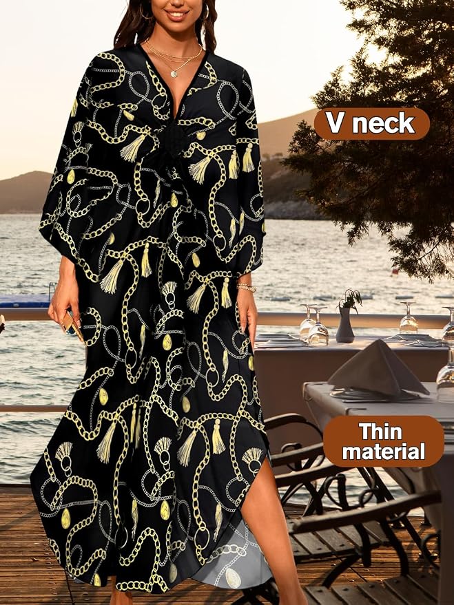 ChiaoLezhee Print Moo-Moos for Women, Kaftan Cover-Up Dresses, Sexy V-Neck High-Slit, Beach Pool-Party Coverups Muumuu Plus