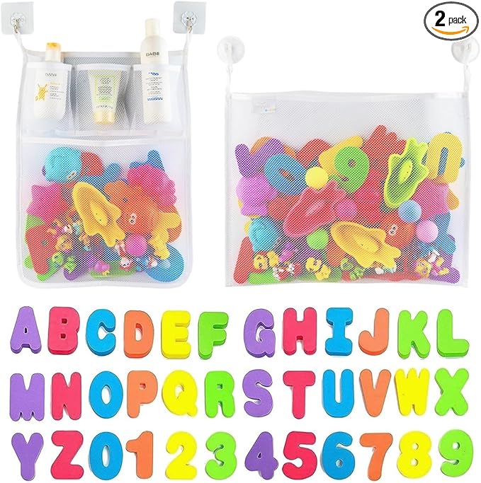 Comfylife 2 x Mesh Bath Toy Organizer + 6 Ultra Strong Hooks + 36 Bath Letters & Numbers – Eco-Safe, Fun, Educational Foam Letters and Perfect Toy Storage Net for Baby Bath Toys & More