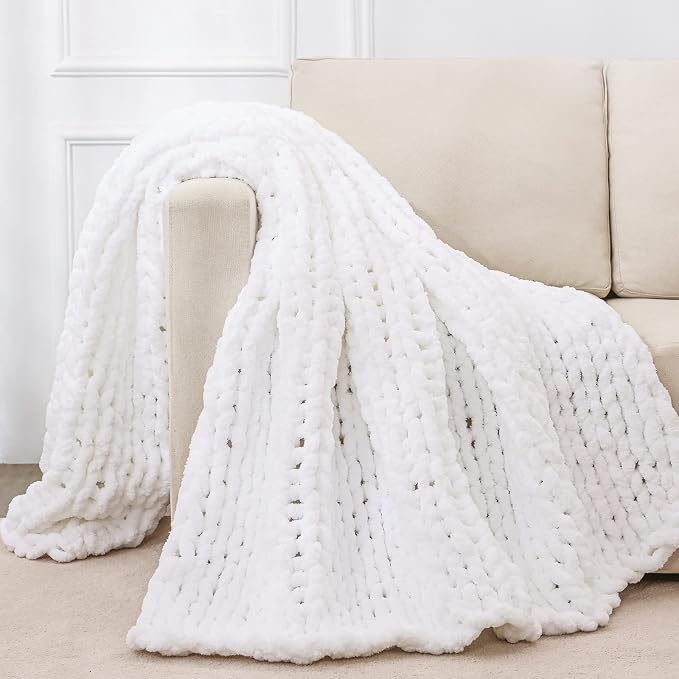 Bigacogo Chunky Knit Throw Blanket for Couch, 60x80 inches, Pure White | Hand Knit with Jumbo Chenille, Soft Breathable Cable Knit for Sofa Bed Living Room, Machine Washable, Gift for Mom Friend