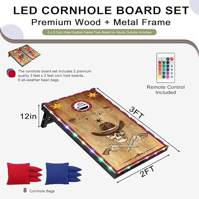 LED Cornhole Set, 3 x 2ft / 4 x2 ft Cornhole Board Game Set, Corn Hole Outdoor Game, Multi-Design with Light-Up Border, 8 Bean Bags, Carrying Case for Backyard, Beach, Lawn