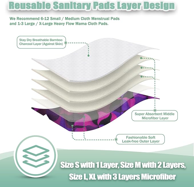 wegreeco Charcoal Reusable Menstrual Pads - Reusable Sanitary Pads | Reusable Panty Liners | Soft Cloth Menstrual Pad- 6 Pack with 1 Cloth Mini Wet Bag (Abstract Geometrical Purple, Large)