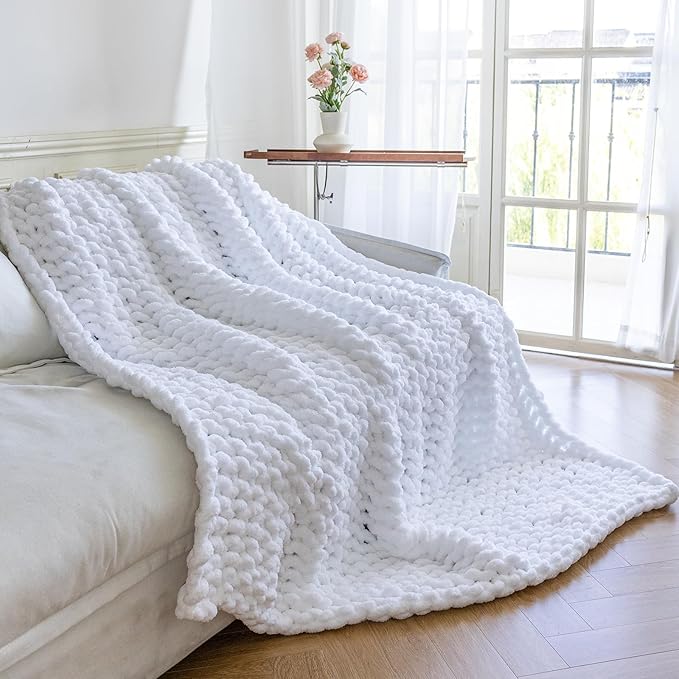Chunky Knit Blanket - Luxury Soft Cozy 40 * 50 Throw Blanket,100% Woven Blanket Rope Knot Throw Blanket for Couch, Sofa, Home Decor, Gift - Machine Washable (White, 40 * 50)