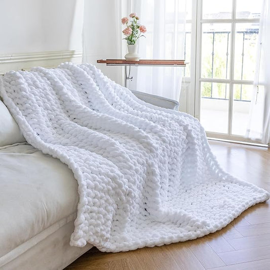 Chunky Knit Blanket - Luxury Soft Cozy 60 * 80 Throw Blanket,100% Woven Blanket Rope Knot Throw Blanket for Couch, Sofa, Home Decor, Gift - Machine Washable (White, 60 * 80)