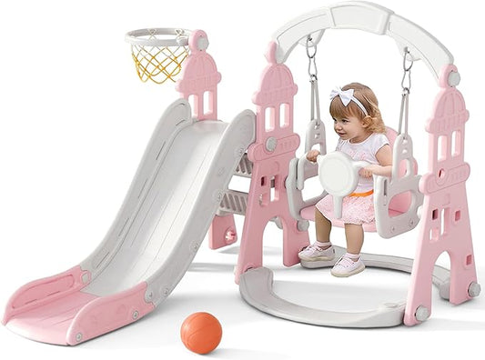 XJD 4-in-1 Toddler Slide and Swing Set, Kids Slide for Toddlers Age 1+, Toddler Outdoor Playset with Basketball Hoop, Swing, Outdoor Indoor Playground for Toddlers 1-3 (Pink)