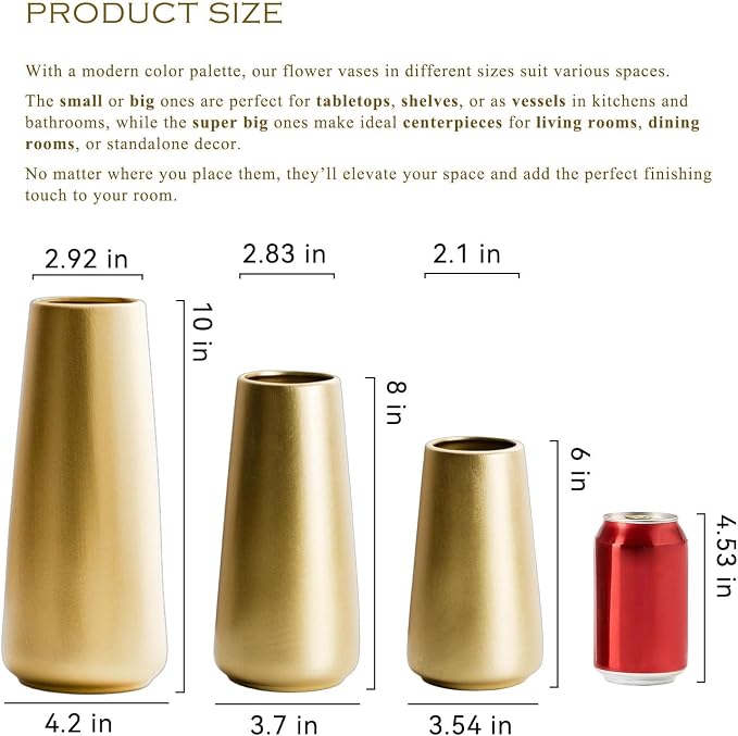 Simple Boho Ceramic Flower Vase for Home Decor (Light Gold,Big) | 8'' Modern Vase for Flower Plant Pampas Grass, Fit for Table Shelf Centerpieces, Living Room Kitchen Bedroom Wedding Gift