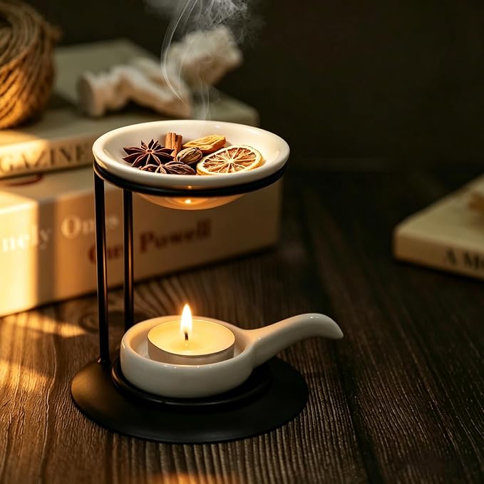 Metal Essential Oil Burner, Aromatherapy Oil Warmer with Ceramic Tray, Durable Fragrance Oil Diffuser for Home Spa Yoga Meditation Relaxation