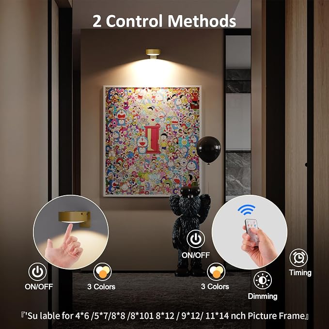 Tututry 6-Pack Picture Lights for Wall, Rechargeable Battery Operated Wireless Magnetic Painting Lights with Remote Dimmable and Timer, Wall Decor Lights with 3 Lighting Modes for Art Display (Gold)