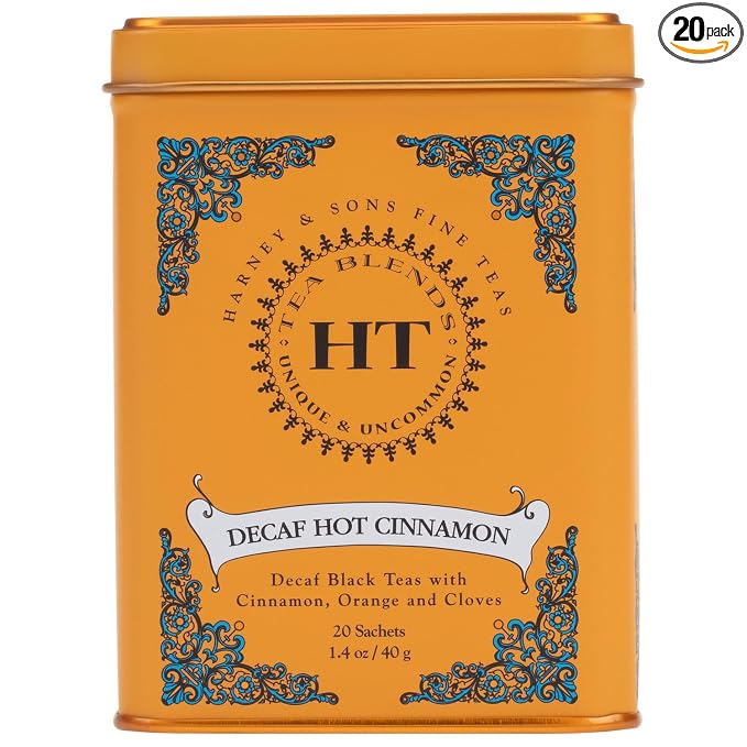 Harney and Sons Decaf Hot Cinnamon , Decaf Flavored Black 20 Sachets per Tin 1.4oz