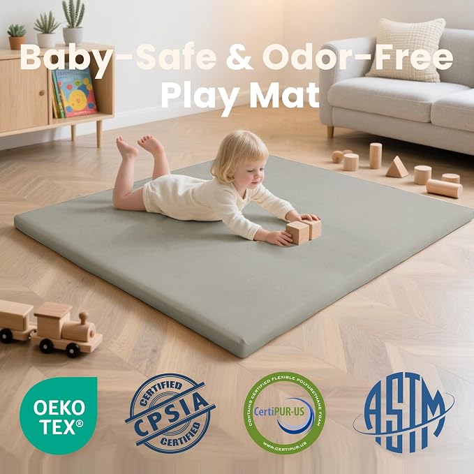 Huloo Sleep Baby Play Mat 50x50 Inches,1.3" Thick Padded Waterproof Floor Cushion & Playpen Mat with Vegan Leather,Non-Slip & Non-Toxic Nursery Rug for Infants, Toddlers & Kids(Grey)